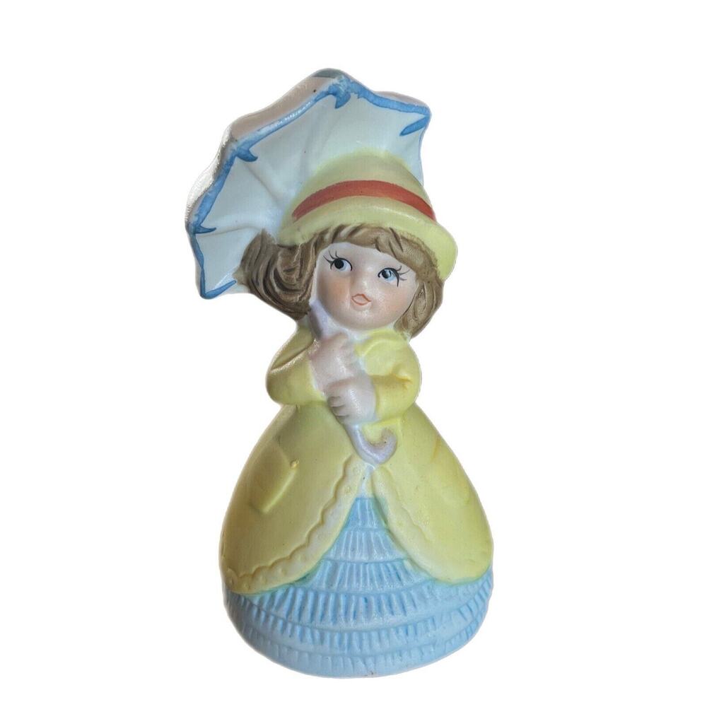 Vintage Ceramic Bell Bisque Girl Holding Umbrella 4.5" Tall 2.5” Wide Yellow EUC